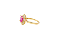14KT Gold Ring Women's Square Magenta Pink Center CZ with Round Double CZ Border Plain Band
