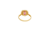 14KT Gold Ring Women's Square Magenta Pink Center CZ with Round Double CZ Border Plain Band