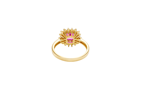 14KT Gold Ring Women's Square Magenta Pink Center CZ with Round Double CZ Border Plain Band