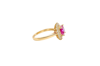 14KT Gold Ring Women's Square Magenta Pink Center CZ with Round Double CZ Border Plain Band