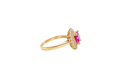14KT Gold Ring Women's Square Magenta Pink Center CZ with Round Double CZ Border Plain Band