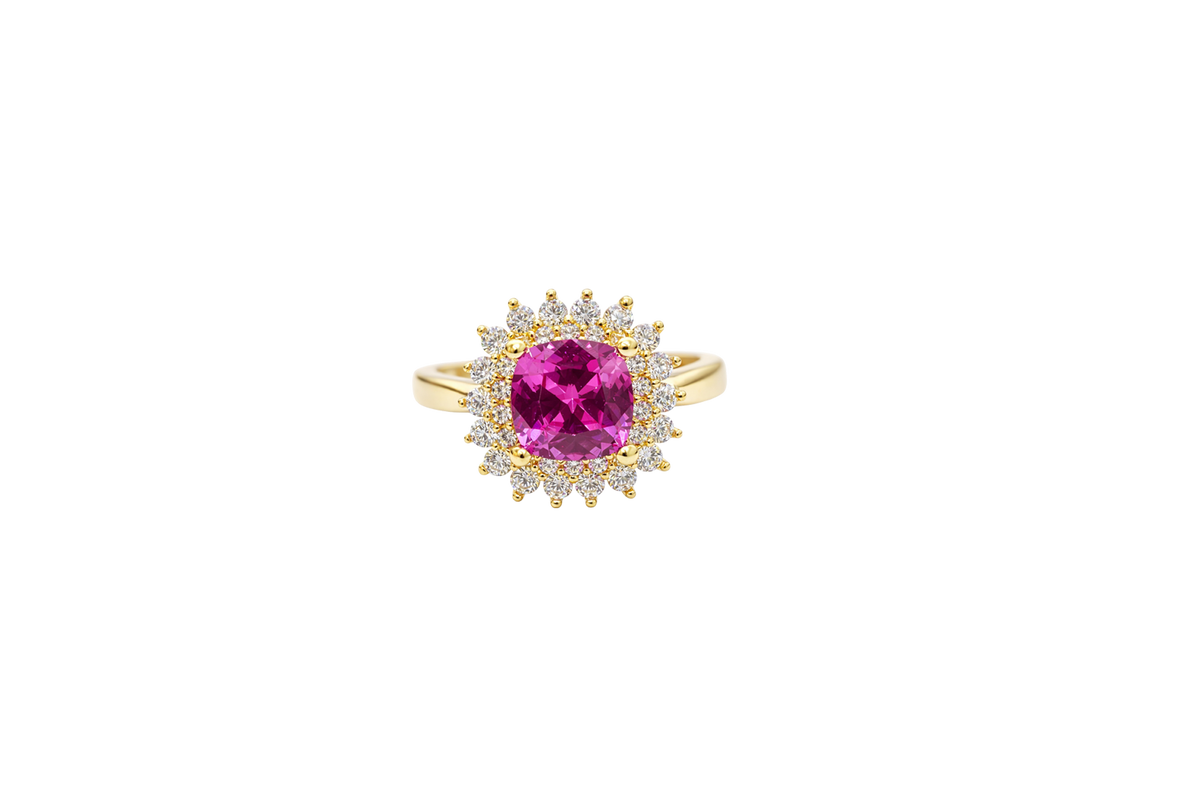 14KT Gold Ring Women's Square Magenta Pink Center CZ with Round Double CZ Border Plain Band