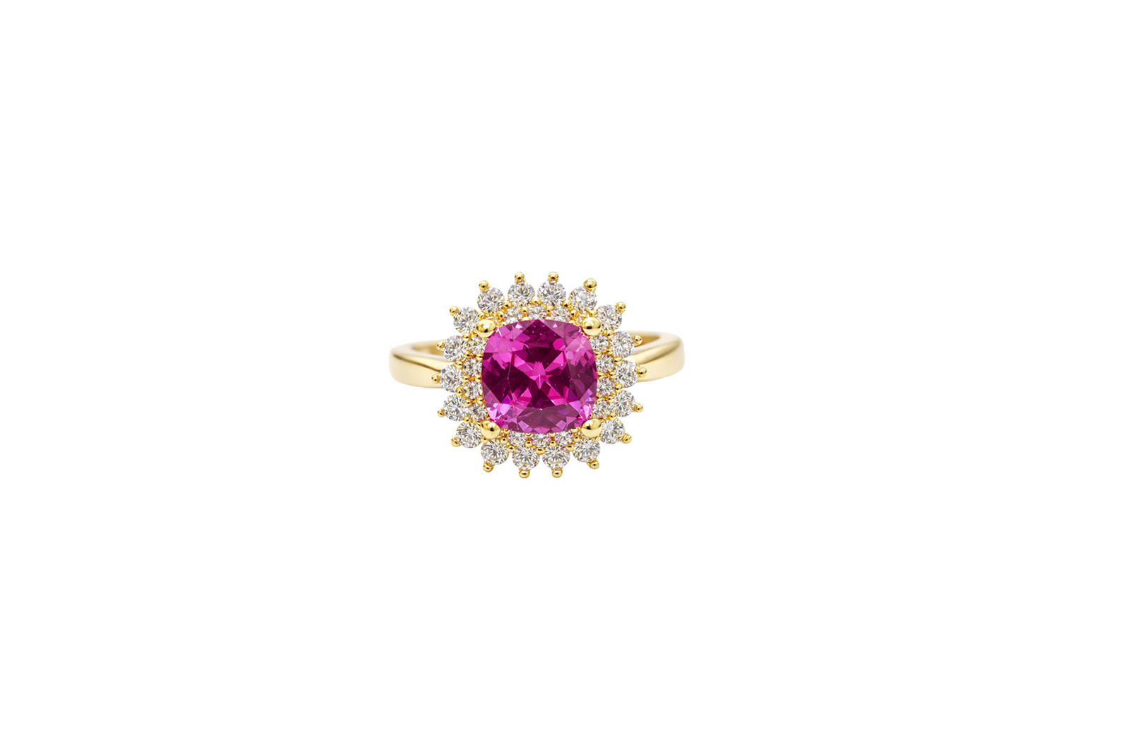 14KT Gold Ring Women's Square Magenta Pink Center CZ with Round Double CZ Border Plain Band