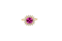 14KT Gold Ring Women's Square Magenta Pink Center CZ with Round Double CZ Border Plain Band