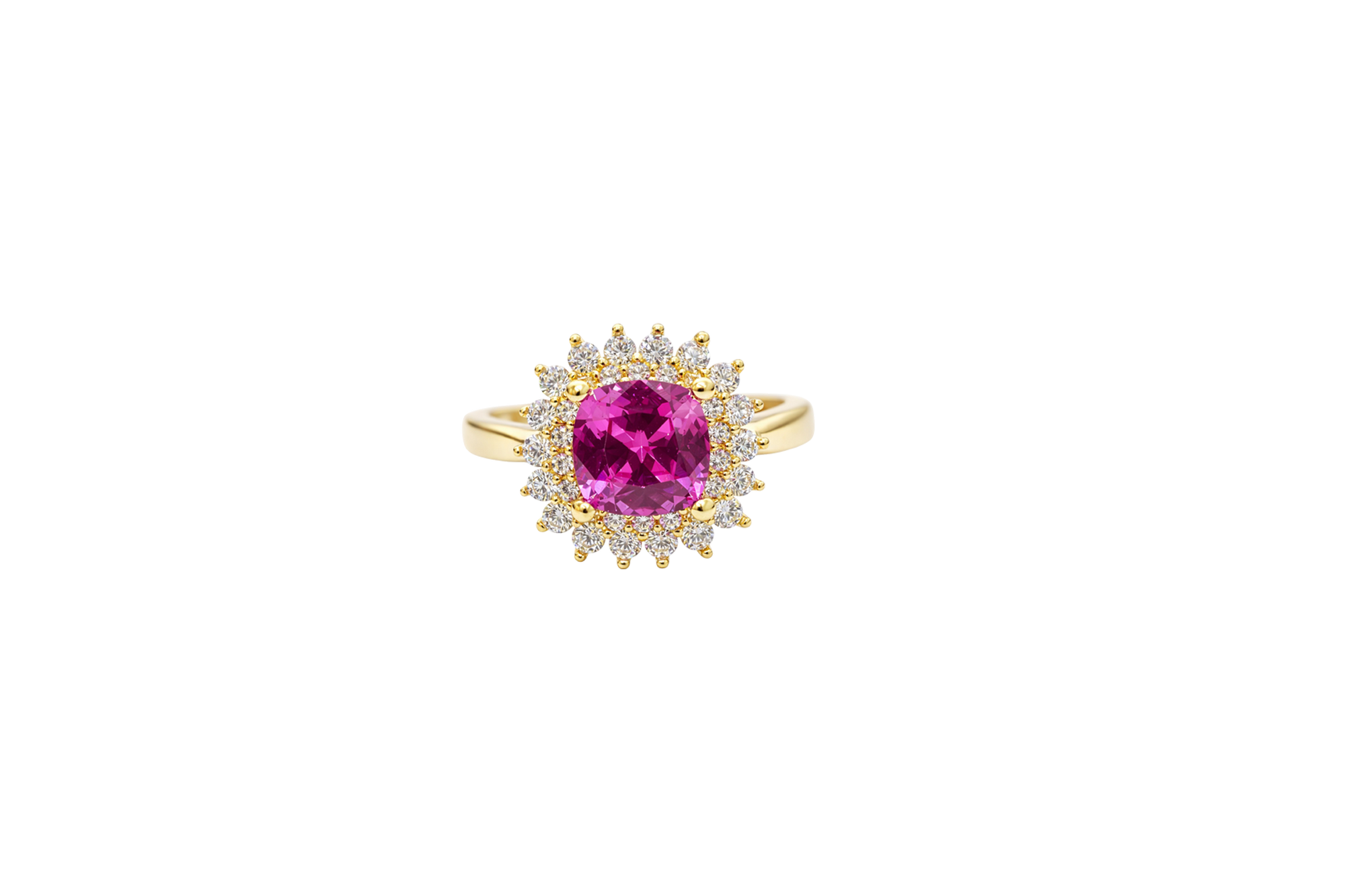 14KT Gold Ring Women's Square Magenta Pink Center CZ with Round Double CZ Border Plain Band