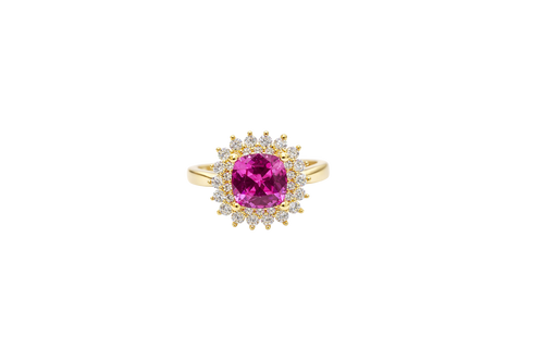 14KT Gold Ring Women's Square Magenta Pink Center CZ with Round Double CZ Border Plain Band