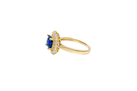 14KT Gold Ring Women's Square Navy Blue Center CZ with Round Double CZ Border Plain Band