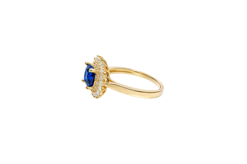 14KT Gold Ring Women's Square Navy Blue Center CZ with Round Double CZ Border Plain Band