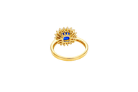 14KT Gold Ring Women's Square Navy Blue Center CZ with Round Double CZ Border Plain Band