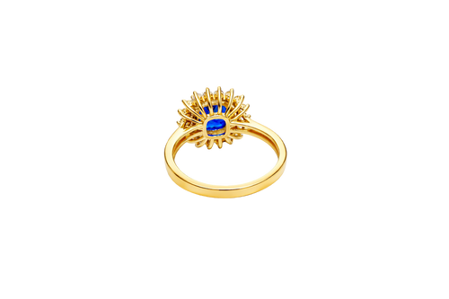 14KT Gold Ring Women's Square Navy Blue Center CZ with Round Double CZ Border Plain Band
