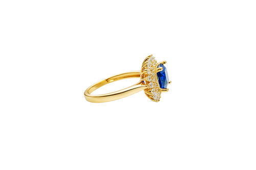 14KT Gold Ring Women's Square Navy Blue Center CZ with Round Double CZ Border Plain Band
