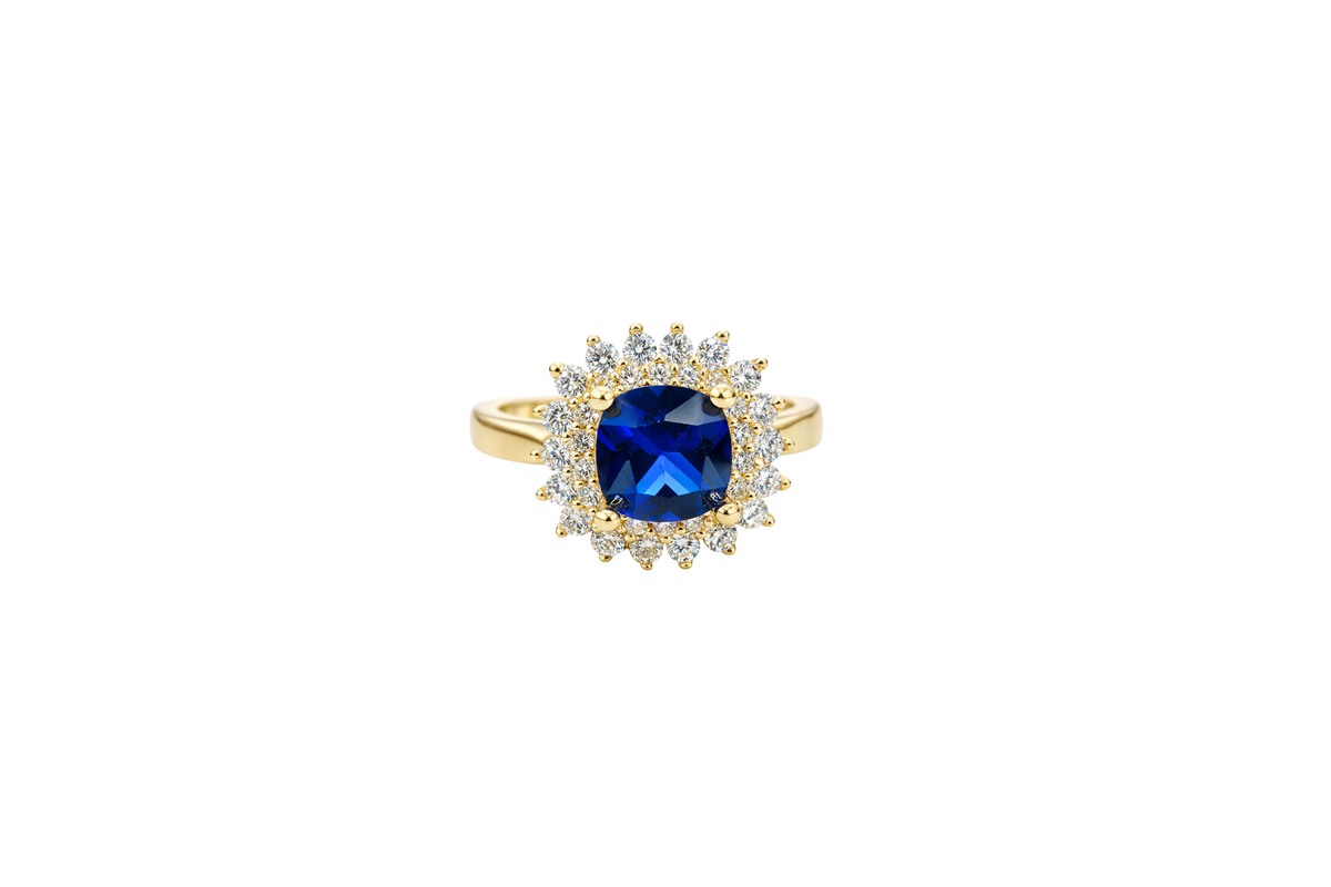 14KT Gold Ring Women's Square Navy Blue Center CZ with Round Double CZ Border Plain Band