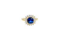14KT Gold Ring Women's Square Navy Blue Center CZ with Round Double CZ Border Plain Band