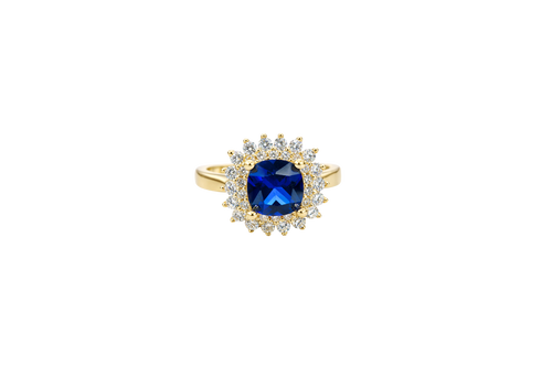 14KT Gold Ring Women's Square Navy Blue Center CZ with Round Double CZ Border Plain Band