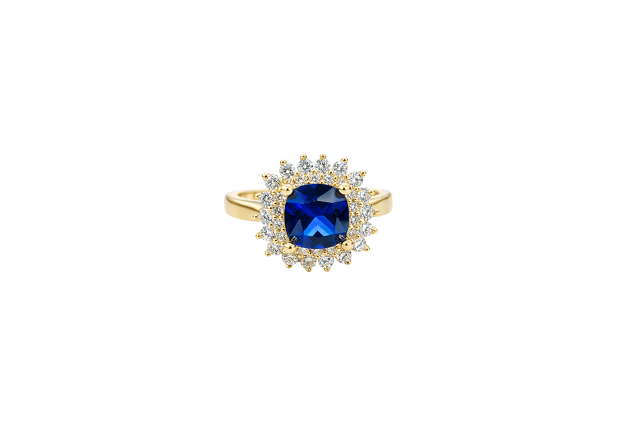 14KT Gold Ring Women's Square Navy Blue Center CZ with Round Double CZ Border Plain Band