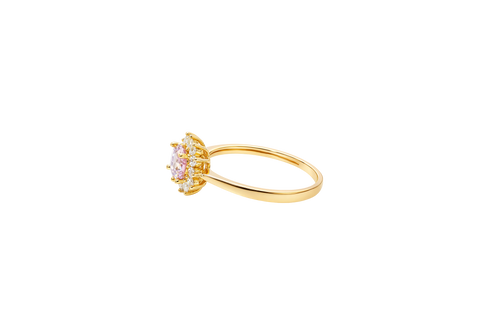 14KT Gold Ring Women's Flower Square Pink Center with White CZ Stone Petals Border Plain Band