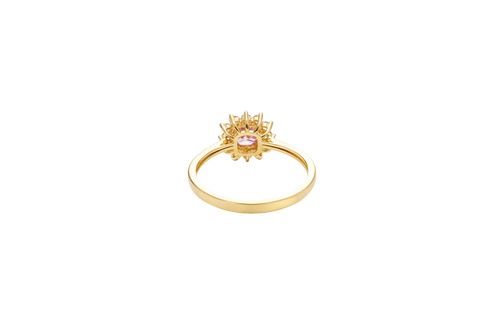 14KT Gold Ring Women's Flower Square Pink Center with White CZ Stone Petals Border Plain Band