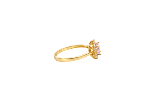 14KT Gold Ring Women's Flower Square Pink Center with White CZ Stone Petals Border Plain Band