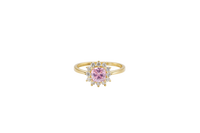 14KT Gold Ring Women's Flower Square Pink Center with White CZ Stone Petals Border Plain Band