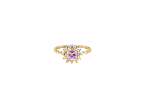 14KT Gold Ring Women's Flower Square Pink Center with White CZ Stone Petals Border Plain Band