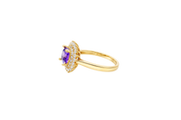 14KT Gold Ring Women's Square Purple Center CZ Double White CZ Border Plain Band
