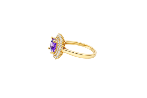 14KT Gold Ring Women's Square Purple Center CZ Double White CZ Border Plain Band