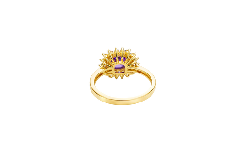 14KT Gold Ring Women's Square Purple Center CZ Double White CZ Border Plain Band