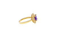 14KT Gold Ring Women's Square Purple Center CZ Double White CZ Border Plain Band