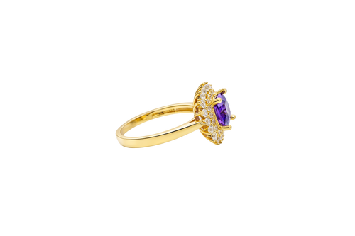 14KT Gold Ring Women's Square Purple Center CZ Double White CZ Border Plain Band