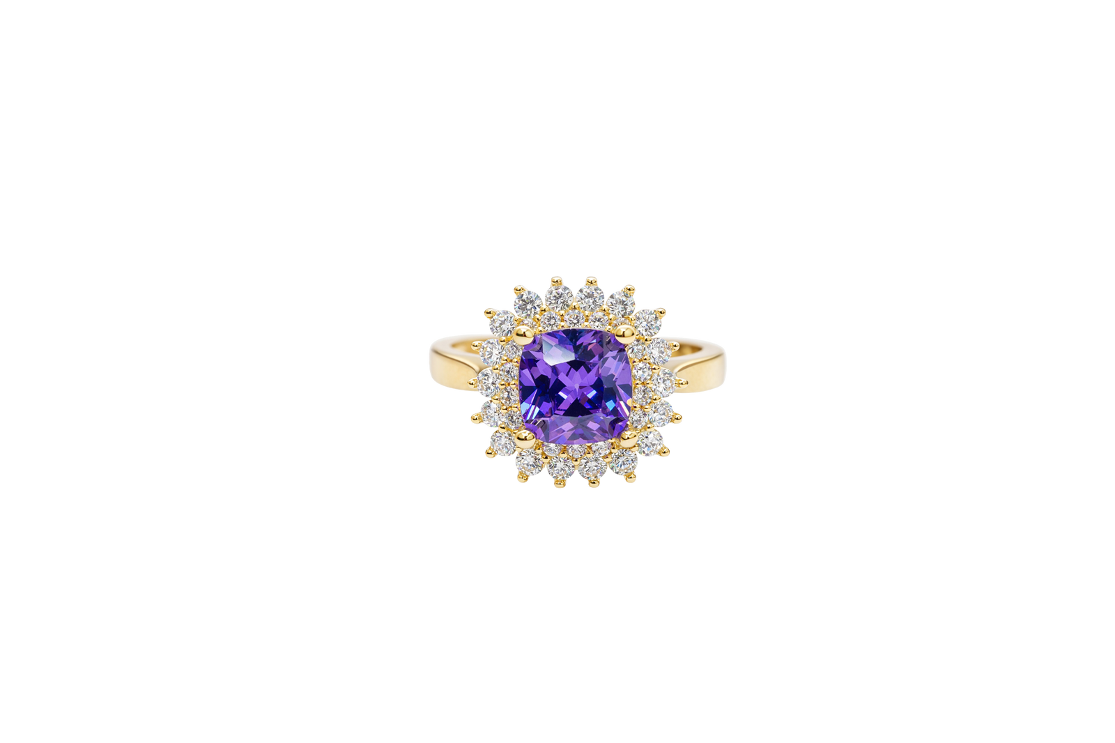 14KT Gold Ring Women's Square Purple Center CZ Double White CZ Border Plain Band