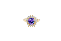 14KT Gold Ring Women's Square Purple Center CZ Double White CZ Border Plain Band