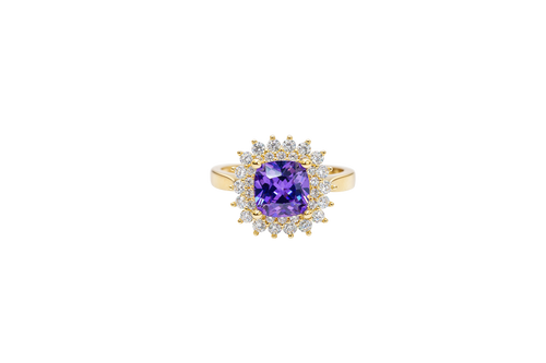14KT Gold Ring Women's Square Purple Center CZ Double White CZ Border Plain Band
