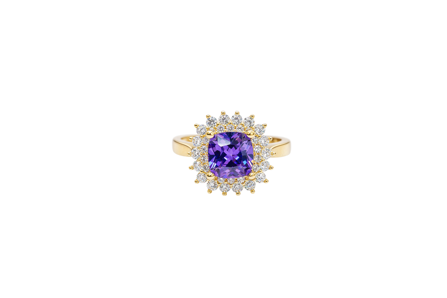 14KT Gold Ring Women's Square Purple Center CZ Double White CZ Border Plain Band