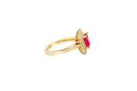 14KT Gold Ring Women's Square Red Center CZ with Round Double CZ Border Plain Band