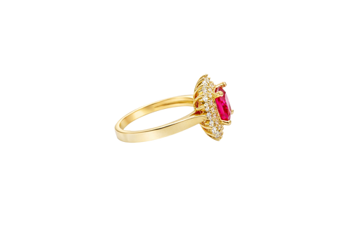 14KT Gold Ring Women's Square Red Center CZ with Round Double CZ Border Plain Band