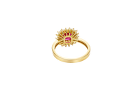 14KT Gold Ring Women's Square Red Center CZ with Round Double CZ Border Plain Band