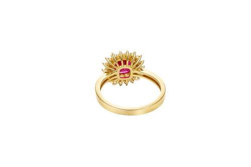 14KT Gold Ring Women's Square Red Center CZ with Round Double CZ Border Plain Band
