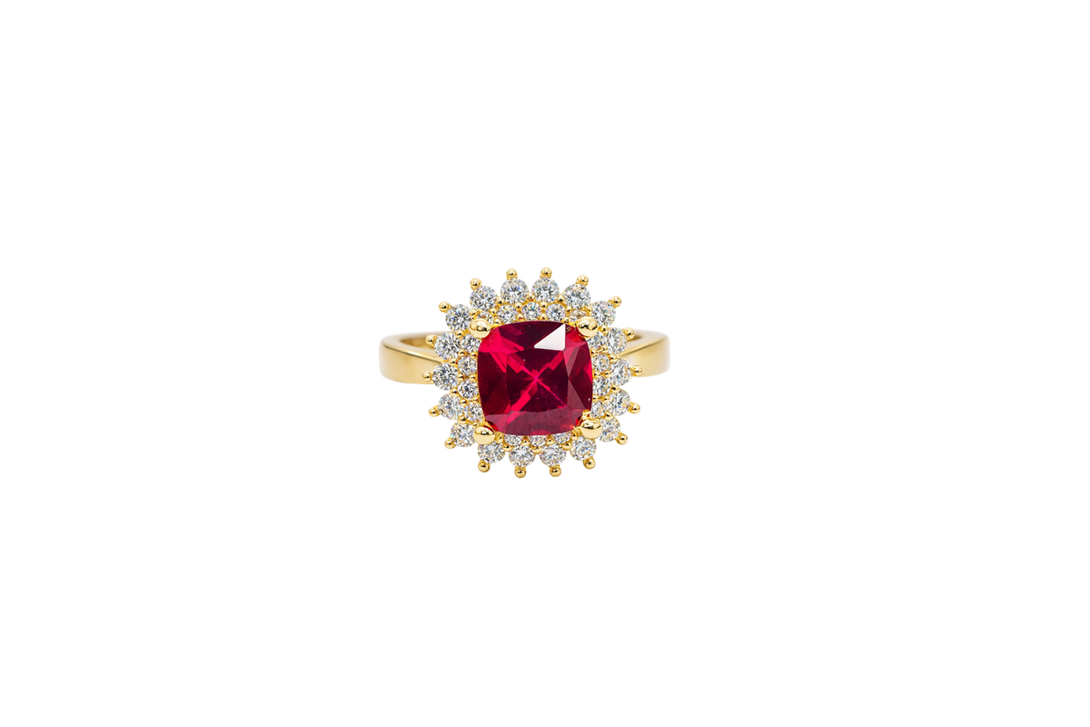 14KT Gold Ring Women's Square Red Center CZ with Round Double CZ Border Plain Band
