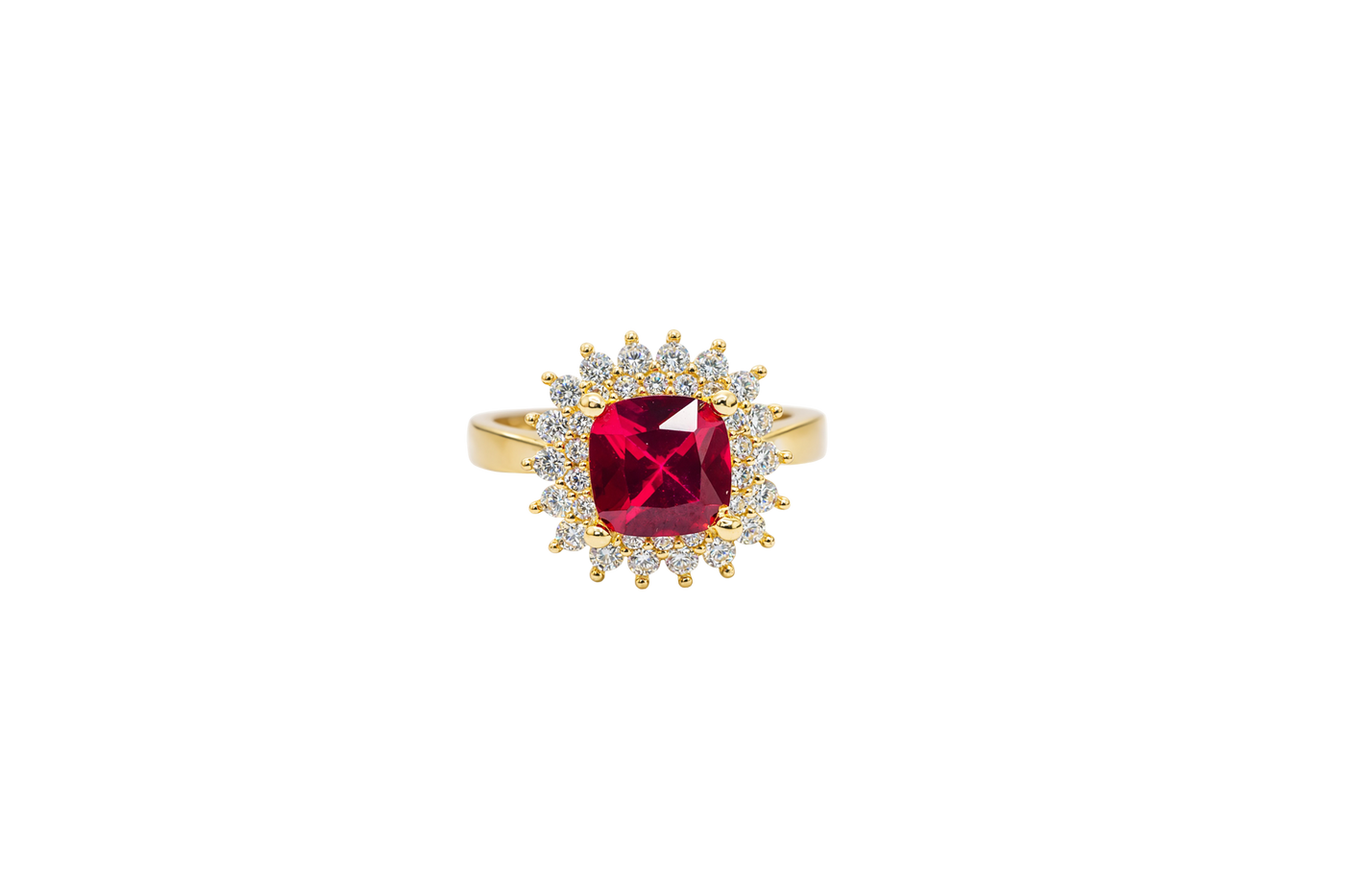 14KT Gold Ring Women's Square Red Center CZ with Round Double CZ Border Plain Band