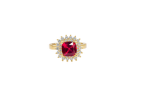 14KT Gold Ring Women's Square Red Center CZ with Round Double CZ Border Plain Band