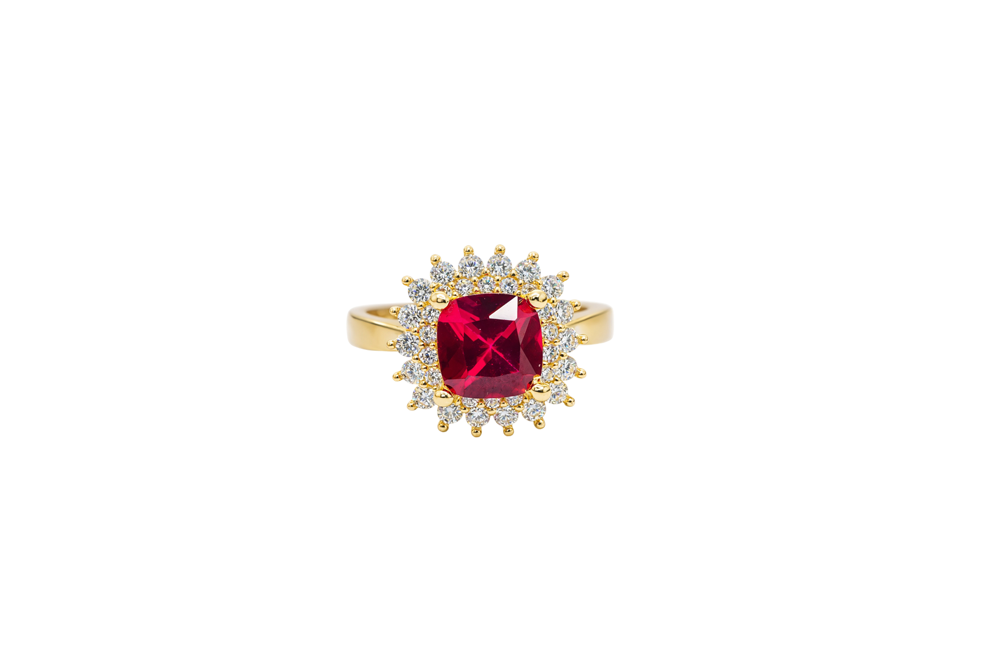 14KT Gold Ring Women's Square Red Center CZ with Round Double CZ Border Plain Band
