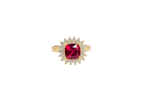 14KT Gold Ring Women's Square Red Center CZ with Round Double CZ Border Plain Band