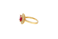 14KT Gold Ring Women's Square Red Center CZ with Round Double CZ Border Plain Band