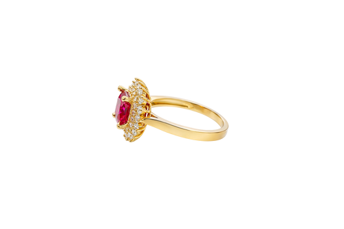 14KT Gold Ring Women's Square Red Center CZ with Round Double CZ Border Plain Band