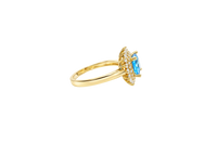 14KT Gold Ring Women's Square Turquoise Center CZ with Round Double CZ Border Plain Band