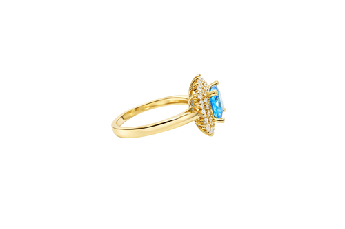 14KT Gold Ring Women's Square Turquoise Center CZ with Round Double CZ Border Plain Band