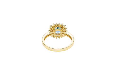 14KT Gold Ring Women's Square Turquoise Center CZ with Round Double CZ Border Plain Band