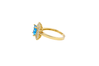 14KT Gold Ring Women's Square Turquoise Center CZ with Round Double CZ Border Plain Band