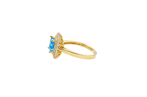 14KT Gold Ring Women's Square Turquoise Center CZ with Round Double CZ Border Plain Band