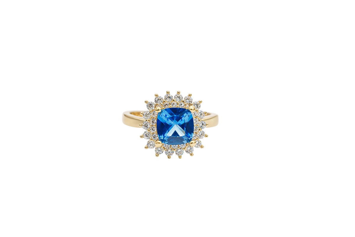 14KT Gold Ring Women's Square Turquoise Center CZ with Round Double CZ Border Plain Band